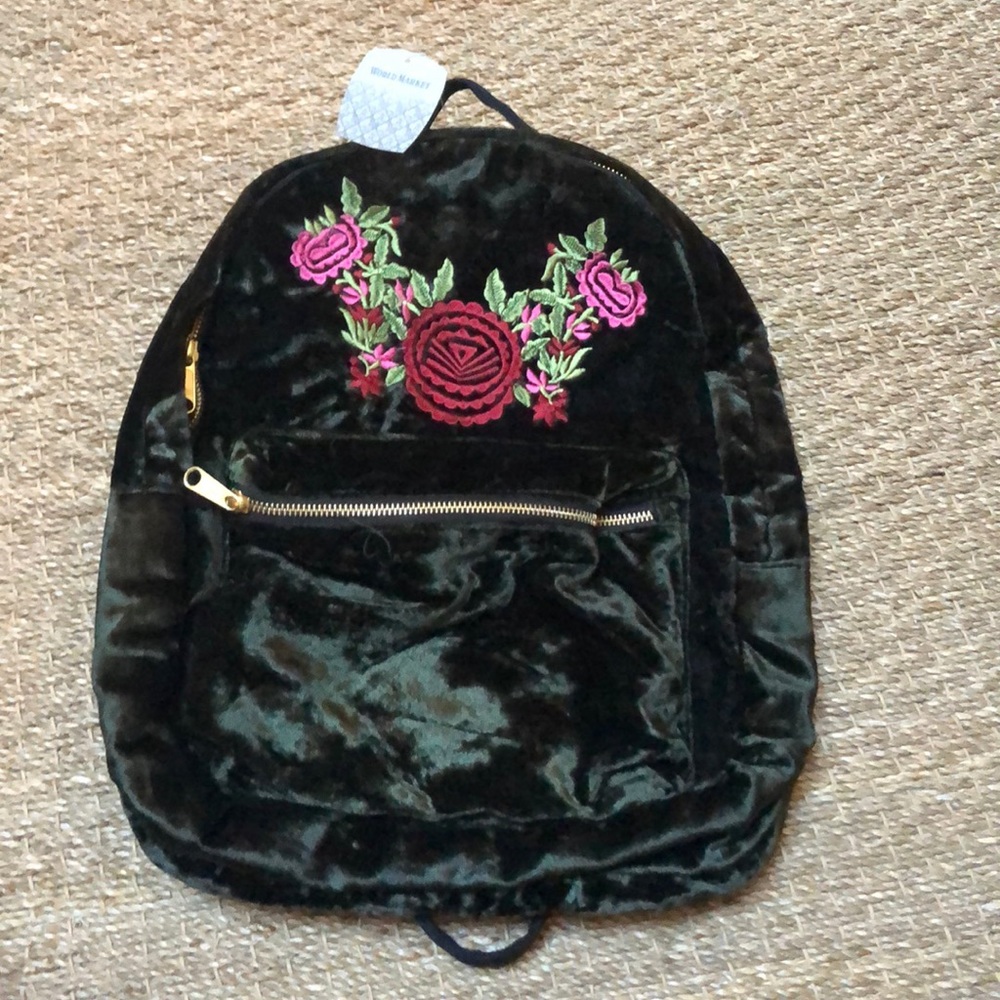 NWT Crushed velvet green backpack with roses